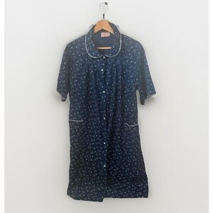Vintage Heather Collection Robe Lg Blue Muu Muu Housecoat Floral Snaps Grandma